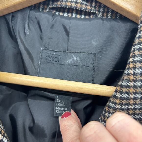 ASOS Brown Gray Black Collared Button Houndstooth Trench Coat Large TALL LONG - Picture 7 of 7